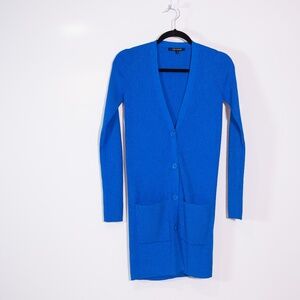 Wes Gordon Ribbed Knit Stretch V Neck Button Front Pocket Cardigan Sweater Blue